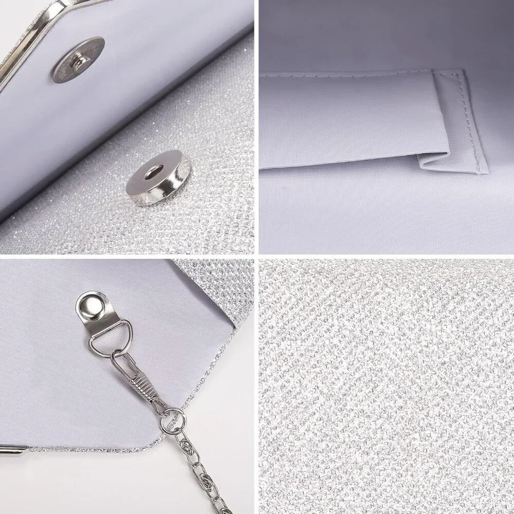 Women's Sliver Sparkling Envelope Bag With Detachable Chain Clutch Purses
